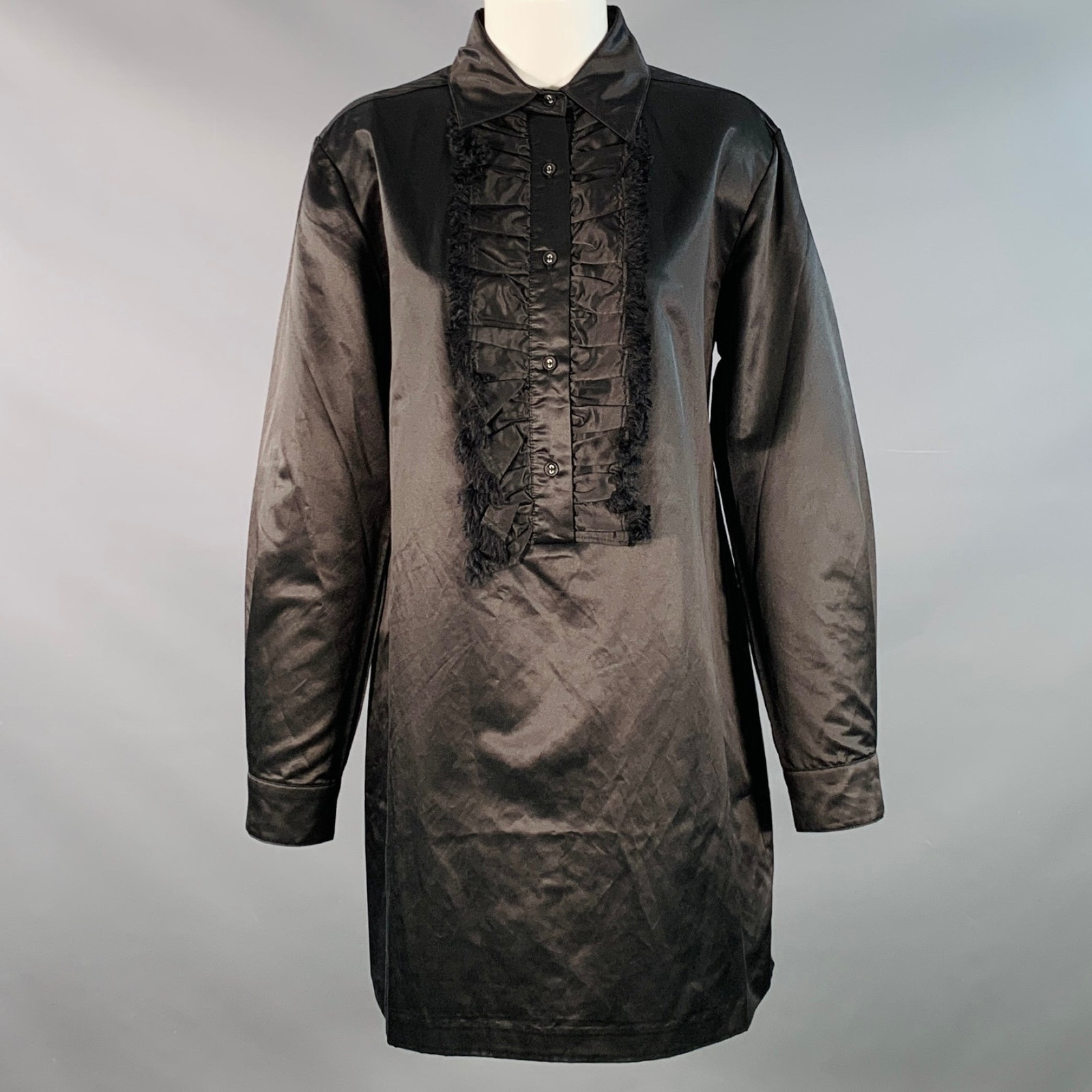 Cynthia Rowley Size Xs Black Cotton Silk Ruffled Long Placket Button Up Shirt